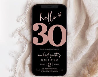 Editable 30th Birthday Invitation, Rose Gold & Black (Digital Download)