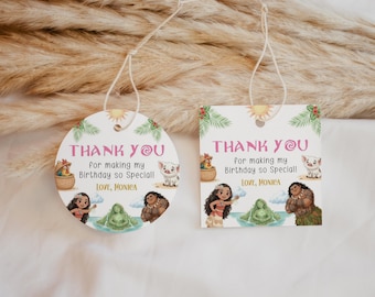 Moana Birthday Favor Tags, Editable Thank You Gift Tags (Digital Download)