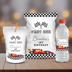 Fast ONE race car chips bag, juice bags, water bottle labels, racing car speed first 1st birthday party. Birthday Party decorations, B413