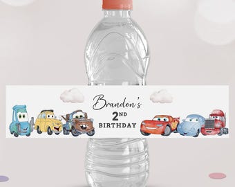 Etiquetas para botellas de cumpleaños de Cars, Rayo McQueen, plantilla editable (imprimible digitalmente)