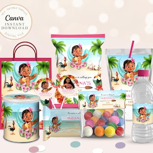 Labels For Moana Party Pack, water bottle, chip, candy bars, juice labels, thank you tags, Pringles,bags. DIGITAL TEMPLATE, Canva, B004