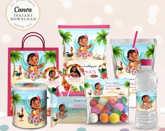 Moana Party Labels, Favor Tags, Canva Template (Digital Download)
