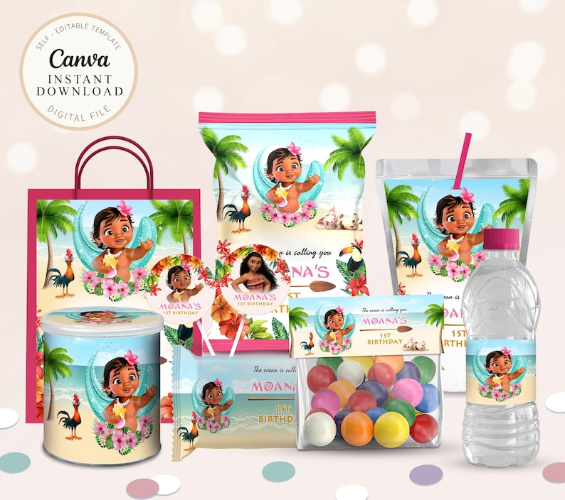 Labels For Moana Party Pack, water bottle, chip, candy bars, juice labels, thank you tags, Pringles,bags. DIGITAL TEMPLATE, Canva, B004