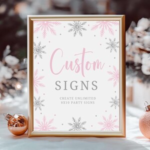 Sneeuwvlok babyshower aangepast bord afdrukbare bewerkbare Winter Girl Wonderland verjaardag tafelbord Onederland roze zilveren bruids douche