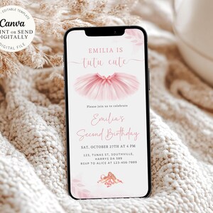Tutu Ballerina Birthday Electronic Invitation Template Editable Digital Download, 2nd Birthday Ballet Evite, Tutu Cute Paperless Invitation