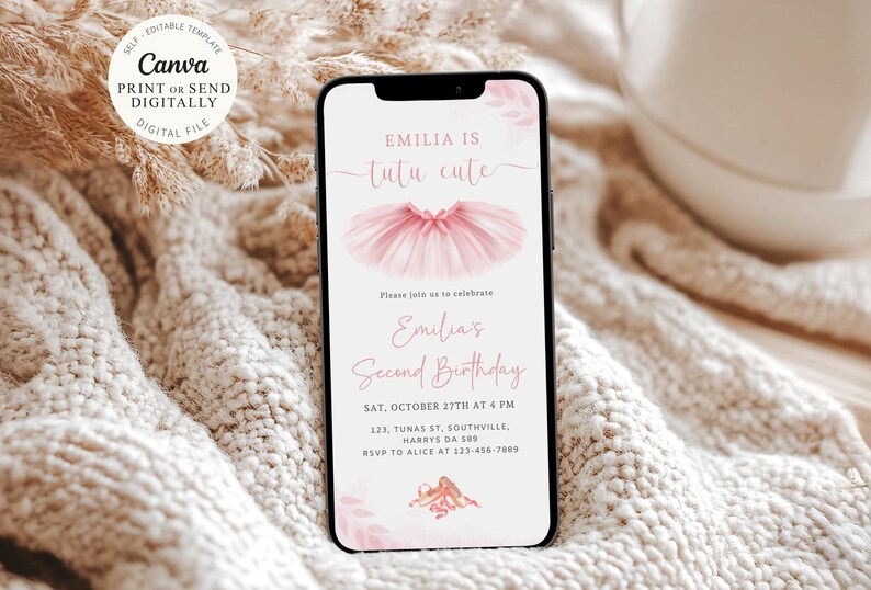 Tutu Ballerina Birthday Electronic Invitation Template Editable Digital Download, 2nd Birthday Ballet Evite, Tutu Cute Paperless Invitation