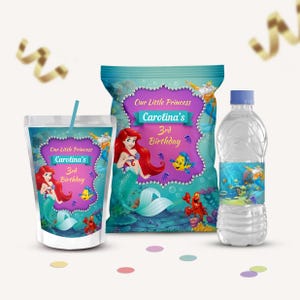 Paquete de fiesta editable de La Sirenita, Bolsa de papas fritas de Ariel, Etiqueta para botella de La Sirenita, Etiqueta Caprisun, IMPRIMIBLE, ARCHIVO DIGITAL, Canva, B019