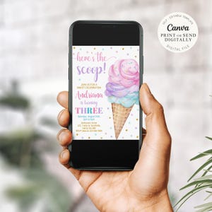 Ice Cream Birthday Invitation Ice cream social Party Here's the Scoop Pink Mint Purple Girl Birthday Printable Editable Download
