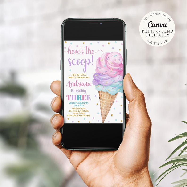 Ice Cream Birthday Invitation Ice cream social Party Here's the Scoop Pink Mint Purple Girl Birthday Printable Editable Download