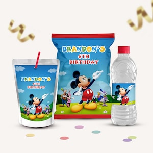 BUNDLE Mickey Club house chips bag, juice labels, water bottle labels, EDIT Yourself in CANVA. Party Kit, Mickey Mouse boy Birthday, B151