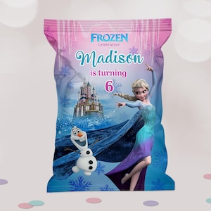 Frozen Birthday Party Chip Bags Wrapper Label Elsa Olaf Snack Bag Printable Digital Download Easy Edit Canva Template Editable File, B043