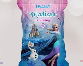 Etiqueta para envoltorio de bolsas de papas fritas de Frozen para fiesta de cumpleaños, Elsa y Olaf, imprimible, descarga digital, plantilla Canva fácil de editar, archivo editable, B043