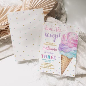 Ice Cream Birthday Invitation Ice cream social Party Here's the Scoop Pink Mint Purple Girl Birthday Printable Editable Download, B331