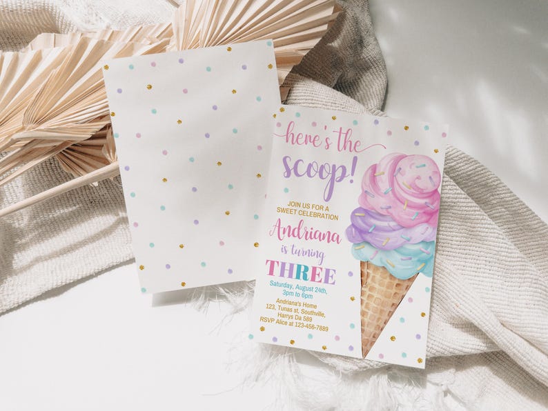 Ice Cream Birthday Invitation Ice cream social Party Here's the Scoop Pink Mint Purple Girl Birthday Printable Editable Download, B331