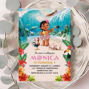 Baby Moana Geburtstagseinladung, bearbeitbare digitale Hawaiian Moana Geburtstag einladen, Kinder Themenparty Evite, digitale Baby Moana Vorlage, B620