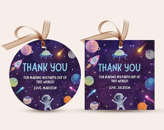 Editable Space Birthday Favor Tags, Rocket Ship, Astronaut (Digital Download)