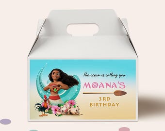 Moana-verjaardagslabels op doos, bewerkbare bedankdoos (digitale download)