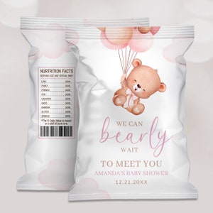 Editable Teddy Bear Chip Bags, Pink Bear Baby Shower Chip Bag, Pink Girl Editable Balloons We Can Bearly Wait Baby Shower Printable, B324