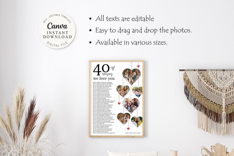 40 Reasons We Love You Poster With Pictures Template, Printable 40th Birthday Gift for Him or Her Editable, Personalized 40th Birthday Decor