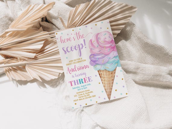 Ice Cream Birthday Invitation Ice cream social Party Here's the Scoop Pink Mint Purple Girl Birthday Printable Editable Download, B331