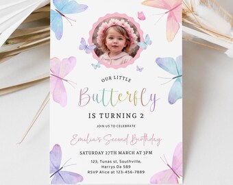 Butterfly Birthday Photo Invitation, Pink Purple, Any Age (Digital Template)