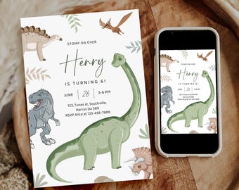 May include: A white invitation with a green dinosaur, a blue dinosaur, and a brown dinosaur. The text on the invitation reads "STOMP ON OVER Henry IS TURNING 6! JUNE 26 3-6 PM 123, Tunas st, Southville, Harrys Da 589 RSVP Alice at 123-456-7889"