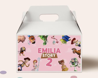 Toy Story Pink Gable Box Label, Editable Birthday Favor (Digital Canva)