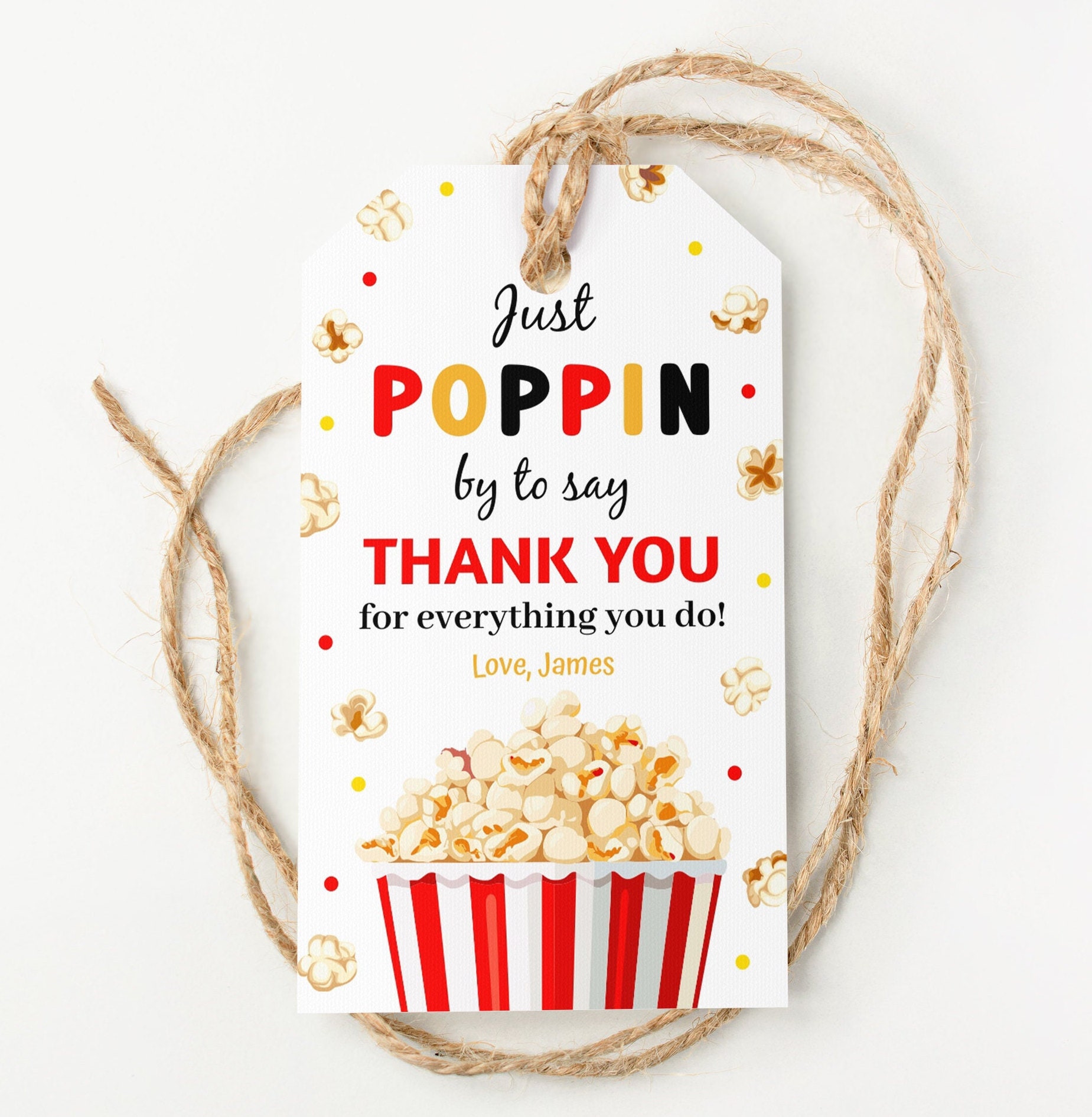 EDITABLE / Etiquetas de agradecimiento para maestros con palomitas de maíz / Etiquetas de regalo / Etiqueta de agradecimiento / Etiqueta de cuidado infantil / Etiqueta de regalo para maestros / Solo paso para decir gracias