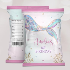 EDITABLE Mermaid Chip Bag, Pastel Mermaid Birthday Treat Bag, Under The Sea Party Favor, Girl Party Decoration, Printable Template. B407