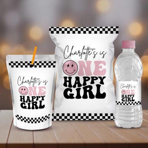 One Happy Girl Birthday Bundle Templates, Chip bag, Water bottle, First Birthday, Smiley Face Party Instant Download, Kids Decorations, B410