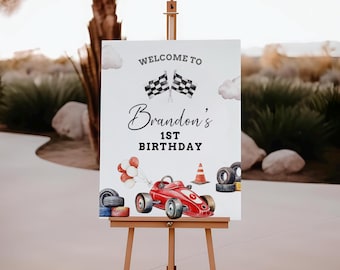 Panneau de bienvenue vintage voiture de course premier anniversaire (téléchargement numérique)