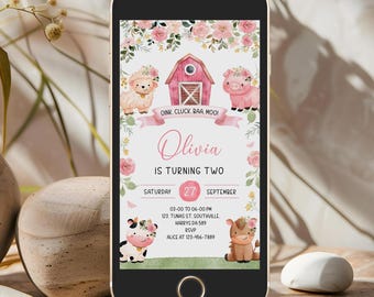 Editable Farm Birthday Invitation, Pink Barnyard Animals (Digital Download)