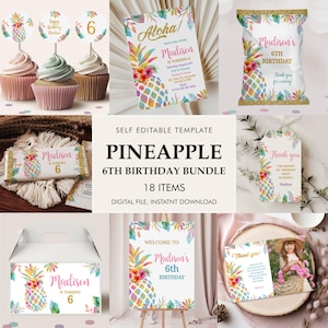 May include: A printable 6th birthday party bundle with a pineapple theme. The bundle includes a welcome sign, invitations, thank you cards, cupcake toppers, favour bags, and a candy bar wrapper. The design features a colourful pineapple with pink flowers and gold accents.