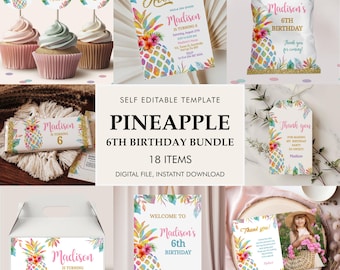 Kit di decorazioni per feste di compleanno a tema ananas e hawaiano, modificabili (file digitali stampabili)