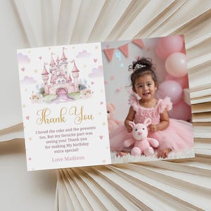 Tarjeta de agradecimiento de princesa Nota de agradecimiento de princesa Descargar Tarjeta de agradecimiento de fiesta de princesa Gracias real Foto de agradecimiento Rosa y dorado, Castillo, B290