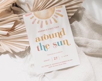 Boho Sun 1st Birthday Invitation, Editable Template (Digital Download)
