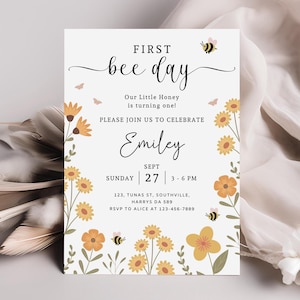 First Bee Day Birthday Invitation 1st Bee-Day Party Invite First Birthday Boho Invitation Bumble Bee 1st Birthday Invite for Girl, B363