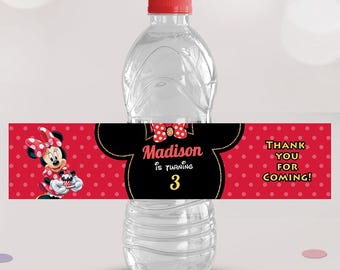 Etiquetas para botellas de cumpleaños de Minnie Mouse, decoración roja para fiestas (imprimibles digitales)