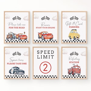 May include: Six framed prints with car illustrations and text. The prints feature phrases like "Please take one for the road" and "Racers start your engine." The color palette includes red, yellow, and blue.