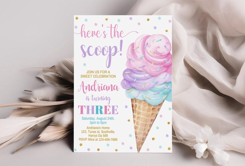 Ice Cream Birthday Invitation Ice cream social Party Here's the Scoop Pink Mint Purple Girl Birthday Printable Editable Download