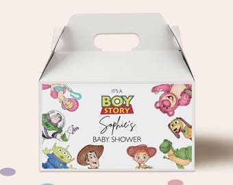 Toy Story babyshower-etikett med gavellåda, redigerbar Canvas-mall (digital nedladdning)
