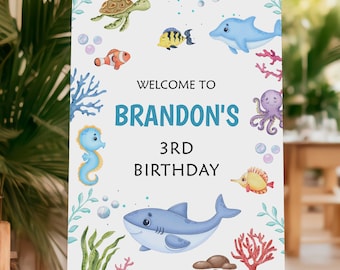 Editable Under the Sea Birthday Welcome Sign, Ocean Animals (Digital)