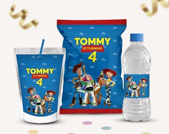Imprimibles para fiesta de cumpleaños de Toy Story: bolsa de patatas fritas, botella de agua, Capri Sun (solo archivo digital).