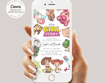 Toy Story Baby Shower Invitation, It's A Girl Story, Editable Canva Template (Digital Download)