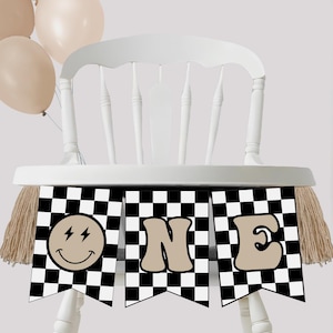 One Happy Dude High Chair Banner, Smiley 1st Birthday ONE Banner, Neutral One Happy Dude Birthday Decoration Beige, Digital Download B515