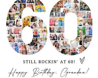 60th Birthday Photo Collage, Number Poster, Editable Canva Template (Digital Download)