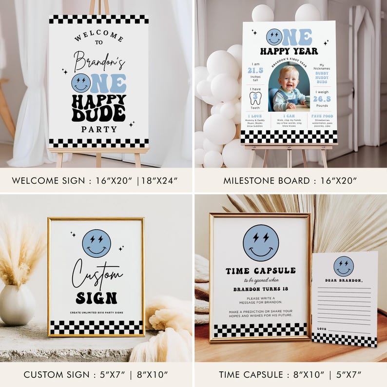 One Happy Dude 1st Birthday Bundle with Customizable Invitations, Milestones, Baby blue Decorations, Modern Smiley Face 1st Birthday, B498