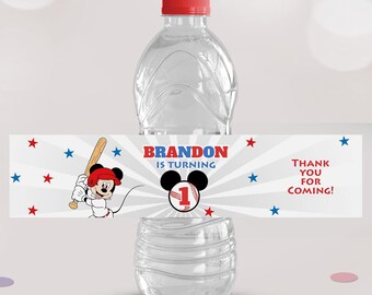 Etiquetas para botellas de agua con diseño de Mickey Mouse y béisbol, plantilla editable para fiestas (CANVA)