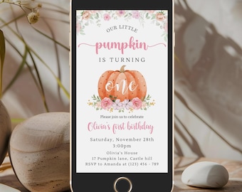 May include: A digital invitation for a first birthday party with a pumpkin theme. The invitation features a watercolor illustration of a pumpkin with the word "one" on it. The text reads "Our little pumpkin is turning one. Please join us to celebrate Olivia's first birthday. Saturday, November 28th, 3:00pm, Olivia's House, 17 Pumpkin Lane, Castle Hill. RSVP to Amanda at (123) 456-789."