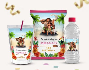 Kit per la festa di compleanno a tema Moana, con sacchetti per patatine, bottiglie d'acqua ed etichette per Capri Sun (modificabili su Canvas)